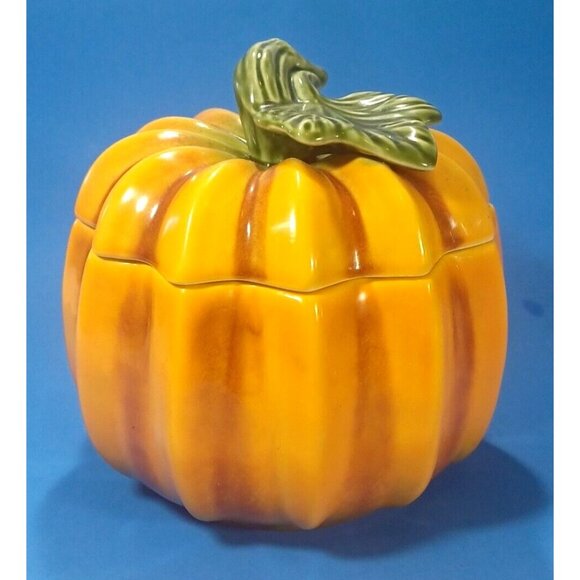 Majolica Pottery  Pumpkin Tureen Candy Dish Cookie Jar Bowl Lid Olfaire Portugal - Picture 3 of 14